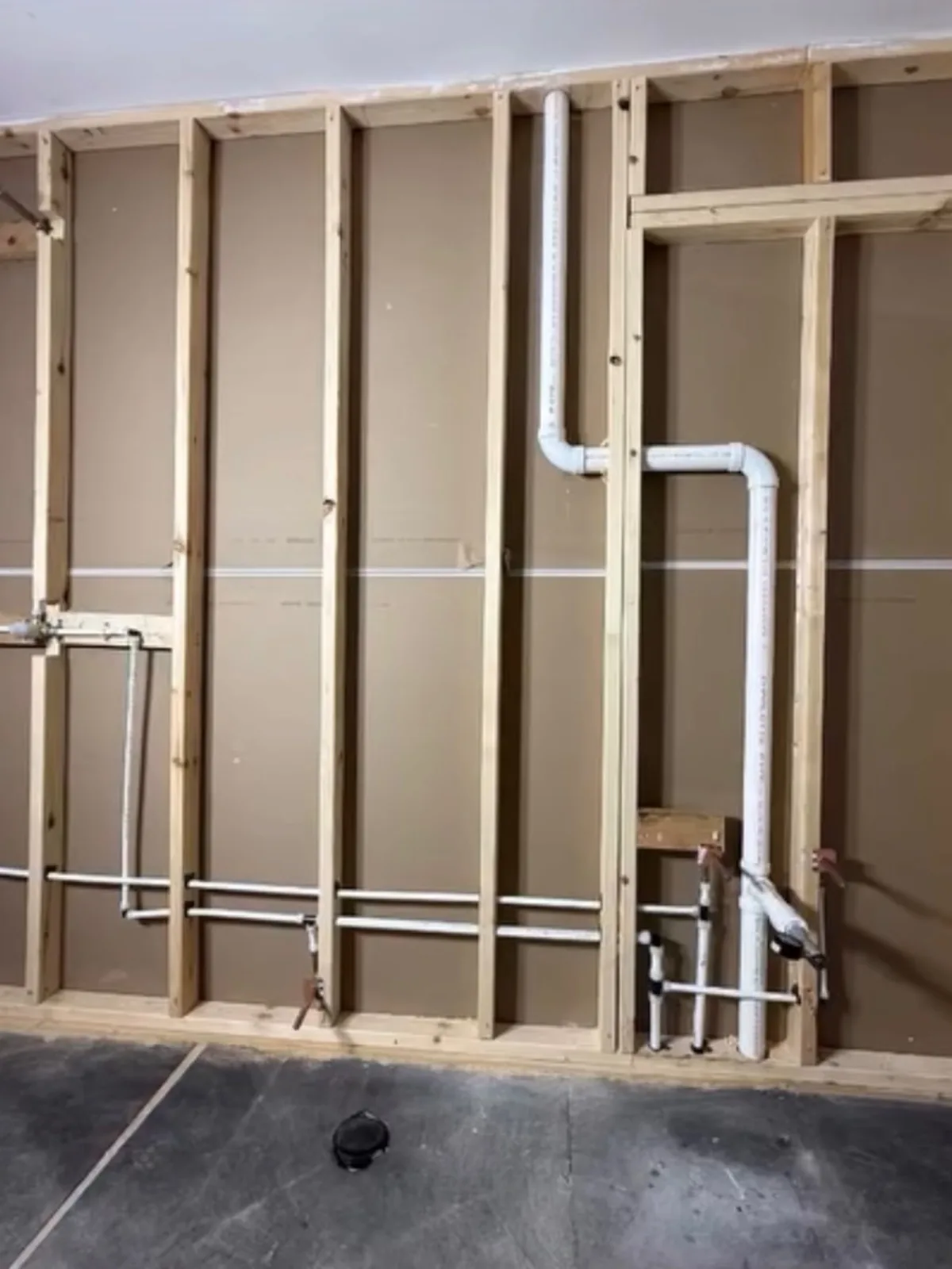 Bathroom PVC drain and PEX supply lines roughed in