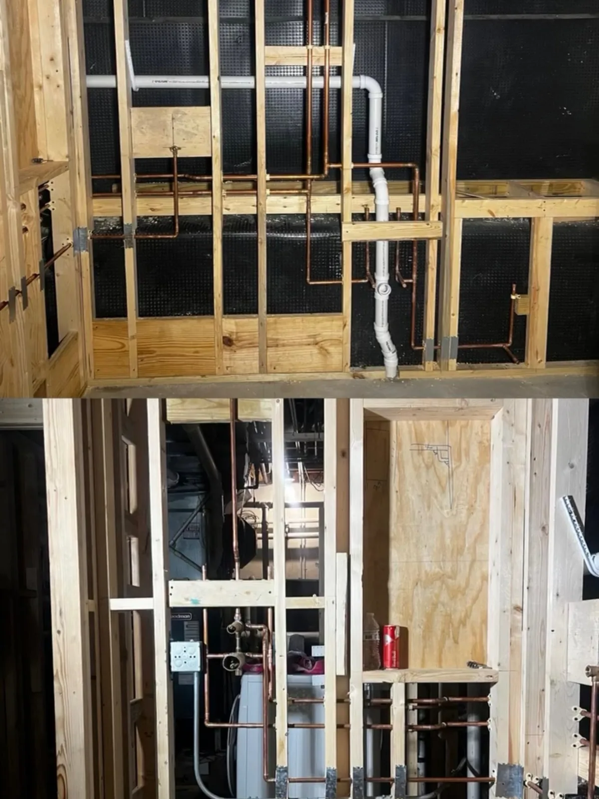 Copper and PVC plumbing rough-in inside framed walls