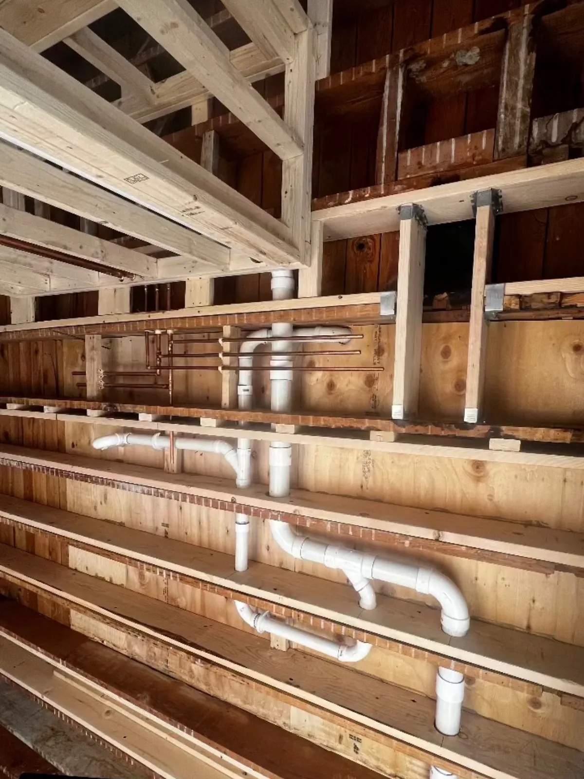 PVC drain lines run through notched floor joists